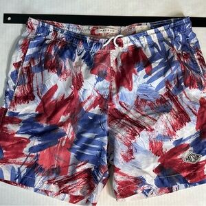 PacSun Men's Red, White and Blue Abstract Swim Trunks XL Elastic Waist (Flaw)